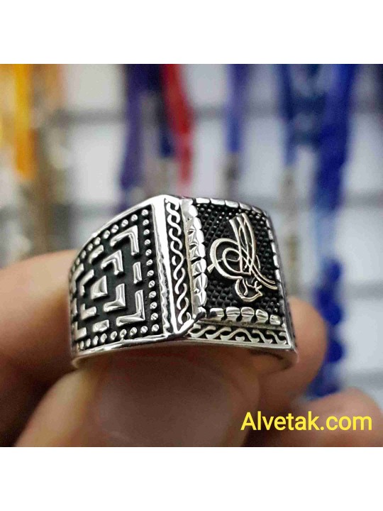 Osmanlı Tuğra Dörtgen 925 Ayar Gümüş Erkek Yüzük : 00918